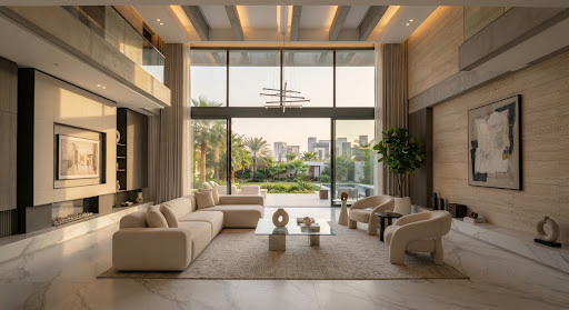 A cinematic, wide-angle interior shot of a luxurious modern villa in Riyadh, Saudi Arabia. The living room features double-height ceilings, floor-to-ceiling windows with soft desert sunlight filtering through, and high-end minimalist furniture in neutral tones. The floor is polished white marble, and the lighting is warm and diffused, creating an atmosphere of institutional stability and professional curation.