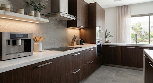 A close-up shot of a contemporary kitchen in a premium Saudi home, featuring sleek dark wood cabinetry and white quartz countertops. The lighting is bright and modern, highlighting high-end stainless steel appliances. The overall aesthetic is clean and professional, with a focus on tactile luxury.