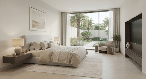 A master bedroom suite with minimalist design, featuring a large bed with premium linens in shades of beige and cream. A large window offers a view of a manicured private garden. The room feels serene and private, representing a high-net-worth Saudi lifestyle.