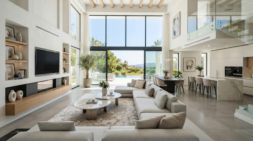 Wide-angle shot of a bright, contemporary villa interior featuring a spacious open-plan living area. The furniture is high-end minimalist, with light grey sofas and marble-topped coffee tables. The space is flooded with natural light from large windows.