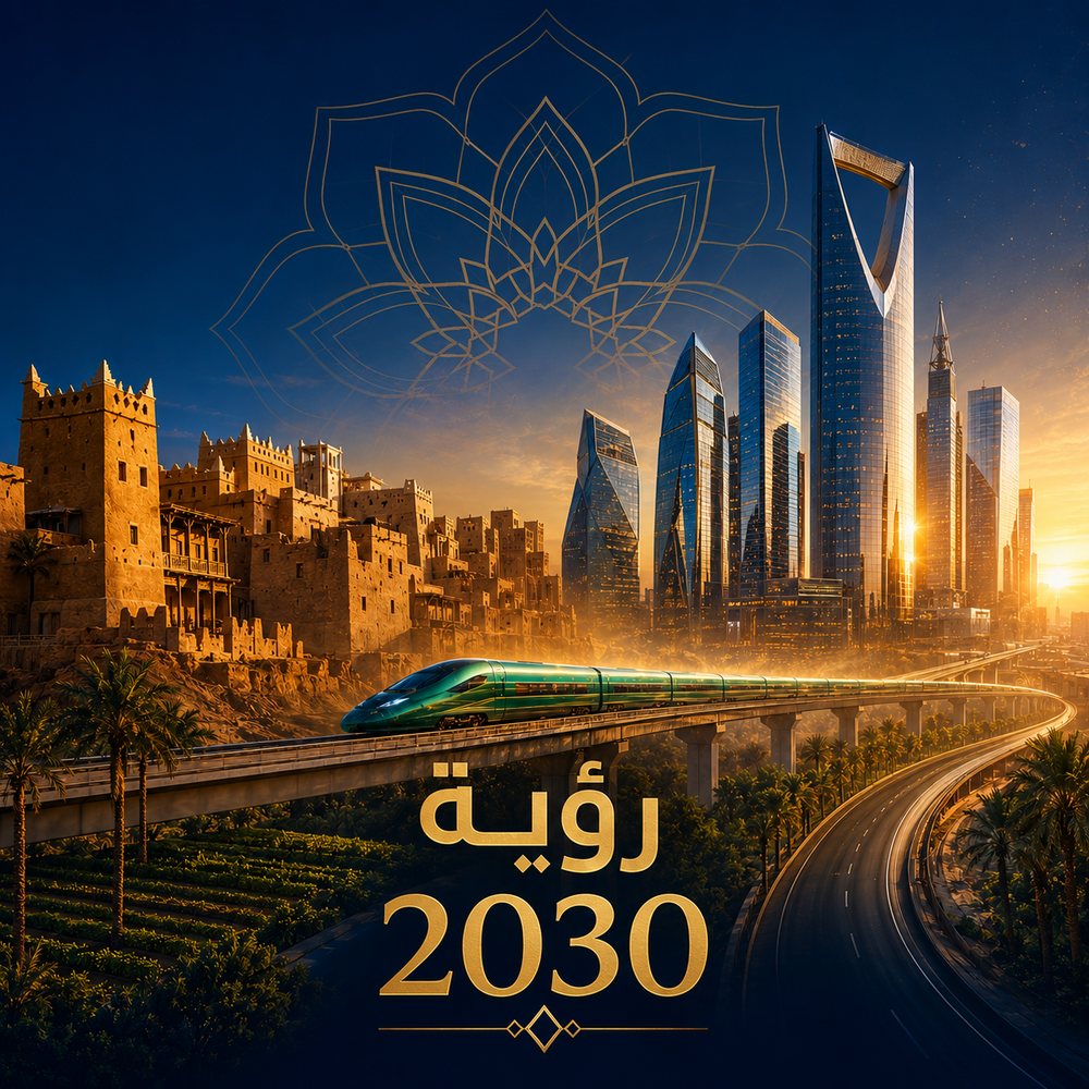 رؤية السعودية ٢٠٣٠ — قصور الدرعية الطينية التاريخية تتصل بأبراج الرياض الحديثة، وقطار الحرمين السريع يعبر جسرًا بين النخيل عند الغروب